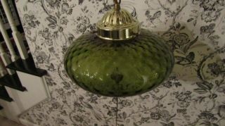 Vintage 10 " Glass Ufo Spaceship Spinning Disc Green Hanging Swag Lamp Light 70s