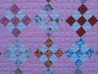 Vintage Hand Stitched Cotton Feedsack Pink 9 Square Block Patch Quilt 74x86