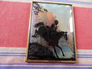 Vintage Horse Jumping Silhouette Reverse Painted Convex Glass Pictures X 