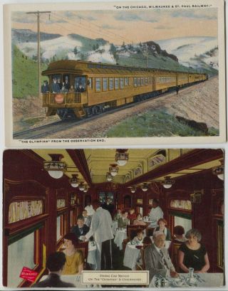 2 1910 - 1920 Milwaukee Road Railroad Olympian Train Postcards Interior & Exterior