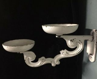 Antique Cast Oil Lamp Swing Arm Bracket - Double Wall Sconce Chippy White 2