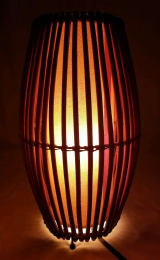 Vintage Rattan Bamboo Table Lamp With Linen Shade Mid - Century Bohemian Asian