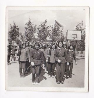 Chinese Militia Girls Bren Gun Basketball Court Drill China Cultural Revolution