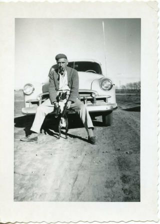 1950s Vtg Photo Boston Terrier Snapshot Man Smoking Pipe Sitting On Car Bumper
