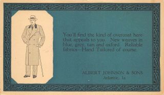 Atlantic Iowa 1940 Postal Card Postcard Albert Johnson & Sons Tailors Overcoat