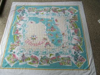 Vintage Florida State Map Souvenir Cotton Tablecloth Pink Aqua Turquoise