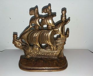 Vintage Cast Iron Bronze Sailing Ship / Galleon Bookend,  Door Stop,  Paparweight