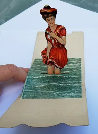 Antique Folding Postcard - Pop - Up Pin - Up Girl Swim Beach Vtg Novelty 1900 Vtg