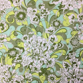 Vtg Floral Hippie Flower Power Flat Bed Sheet Green White Mod Floral,  Paisley