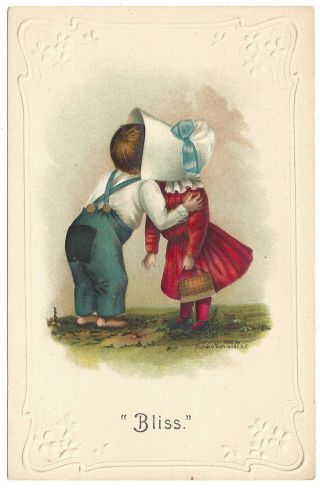 1902 Sunbonnet Sue Postcard " Bliss " Children Boy Girl Kissing Cute