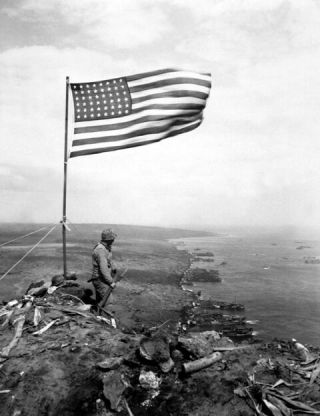 Flag Waves In Triumph Over Iwo Jima 8x10 Photo Wwii