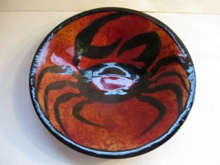 Copper & Enamel 7 1/2 " Round Dish Deep Orange & Black Design Of A Crab Signed