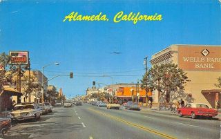 Alameda Ca Wells Fargo Bank Storefronts Old Cars Postcard