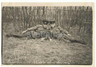Two Friends Couple Military Men Soldiers Lie Grass Russian Vintage Photo Gay Int