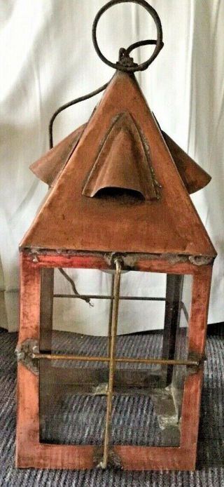Vintage Antique Copper & Brass With Glass Panels Electric Hanging Lantern