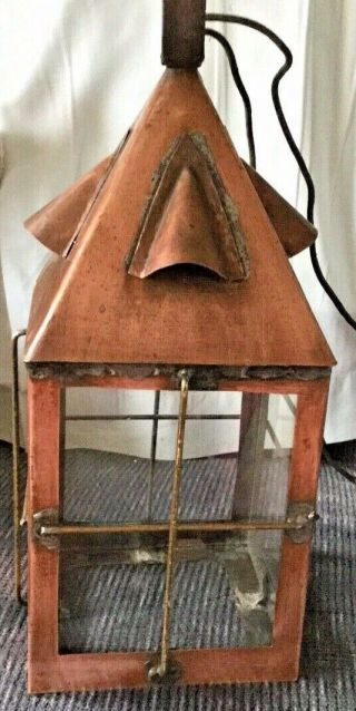 VINTAGE ANTIQUE COPPER & BRASS WITH GLASS PANELS ELECTRIC HANGING LANTERN 2