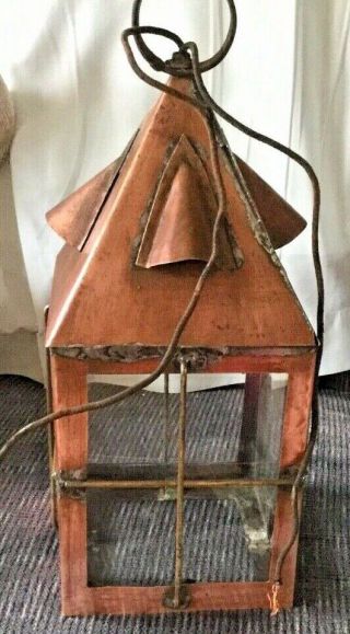 VINTAGE ANTIQUE COPPER & BRASS WITH GLASS PANELS ELECTRIC HANGING LANTERN 3