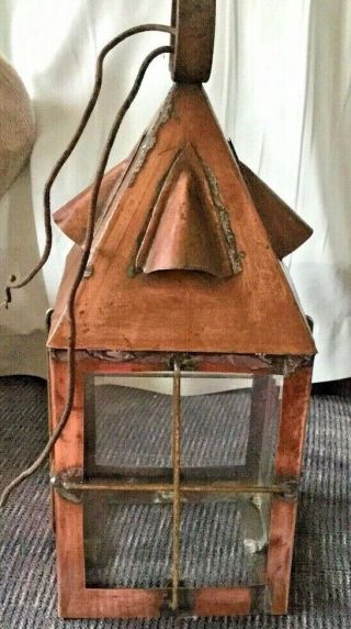 VINTAGE ANTIQUE COPPER & BRASS WITH GLASS PANELS ELECTRIC HANGING LANTERN 4