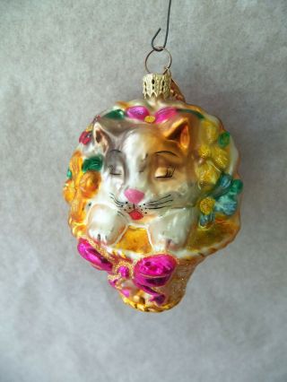 Cat Inside Flower Basket Glass Christmas Ornament Radko Colorful Glitter