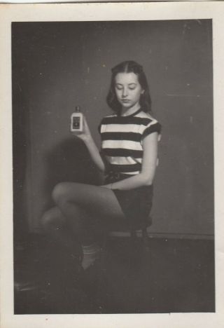 Abstract Vintage Photo Cute Girl On Stool Holding Old Bottle Shadowy Surreal