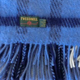 Tweedmill Fringed Wool Blanket 64” x 62” Blues Cream Plaid No Flaws Mach Wash 2