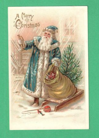 Vintage Christmas Postcard Santa Claus Blue Coat/cap Sack Toys Sled Snow Tree
