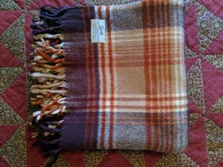 Vintage Faribo Wool Blanket Mid Century Throw Brown Plaid Fringe Tan Rust Orange