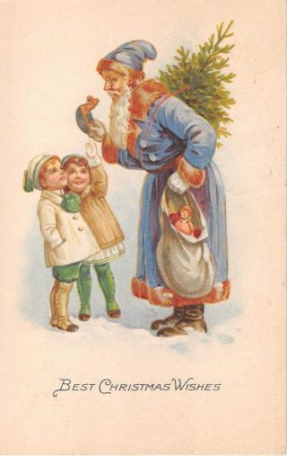 1924 Blue Robe Santa With Bag Of Toys & Children Best Christmas Wishes Postcard