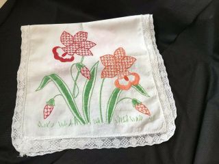 Vintage Dresser Scarf Table Runner Buffet Hand Embroidery Linen Daffodils C 