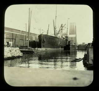 C1910 Lantern Slide Holland American Line Docks With Steamer At Hoboken,  Nj