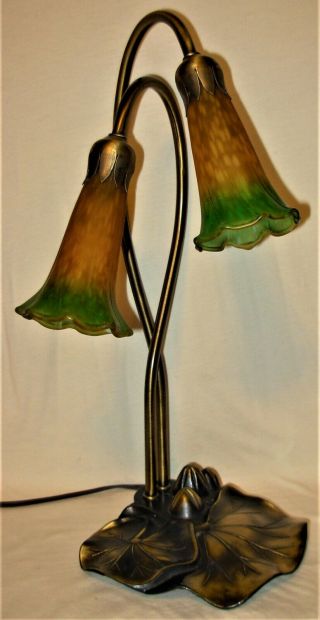 Vintage Tiffany Style Metal Tulip Lily Pad Table Lamp 2 Light Amber Green Shades