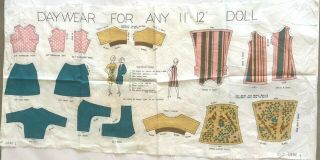 Vintage Cut N Sew Patterns Fabric Panel 11 - 12 " Doll Clothes Barbie Daywear