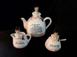 Mother Kitchen Prayer Lady Pink Teapot,  Creamer,  Sugar W/ Broken Lid Spoon Jaav