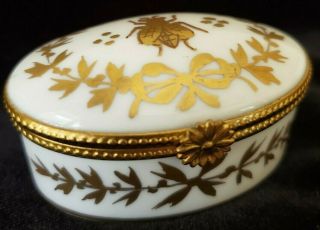 Vintage Limoges Porcelain Trinket Oval Box Hinged Bumble Bee White W/gold