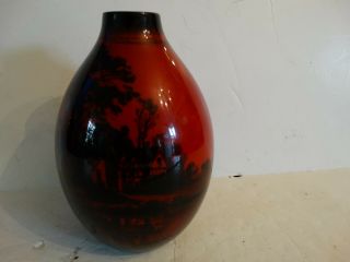 Antique Royal Doulton Flambe Vase Scenic House Trees Etc Minty Red 7 "