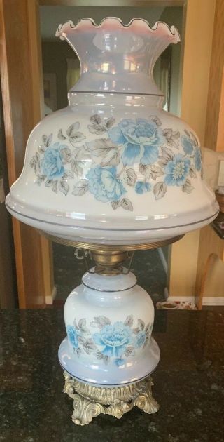 Large Vintage Hurricane Gone With The Wind Lamp Blue Flowers 26 " Tall
