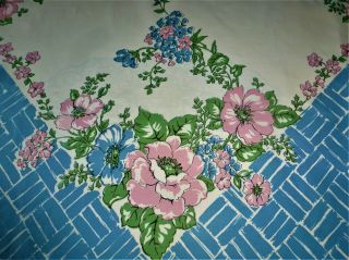 Vintage Broderie Tablecloth With Tag Huge Pink & Blue Poppies
