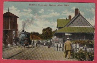 Alma Michigan Railway Passenger Train Station Postcard Pm 1918 Gratiot Co Mi Rr