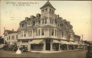 Narragansett Pier Ri Surf Hotel & Cars C1920s Hand Colored Postcard