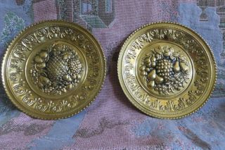 Vintage Set Of 2 Brass Wall Plates With Fruits Made In England 12 " Round Raised