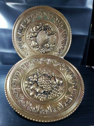 Vintage Set Of 2 Brass Wall Plates With Fruits Made In England 12 " Round Raised