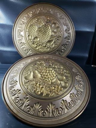 Vintage Set of 2 Brass Wall Plates with Fruits Made in England 12 