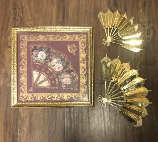Homco Home Interiors Burgundy Fan Picture With Gold Frame W/ Set Of 2 Gold Fans