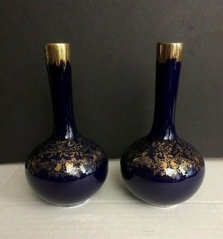 Pair (2) Vintage Blue Glass 6 " Bud Vase Gold Gilded