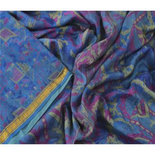 Sanskriti Vintage Blue Saree Pure Silk Printed Sari Craft Zari Border Fabric