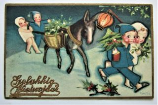 A/s Chiostri Children Burro Attachment Novelty Art Deco Christmas Postcard