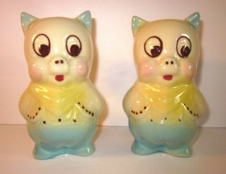 Vintage Large Pig Salt And Pepper Shakers 4 3/4 " Tall Blue Yellow