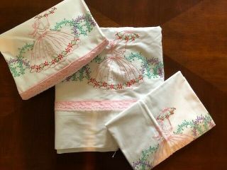 Vintage Hand Embroidered Twin Sheet Pink Lady Umbrella W/2 Matching Pillowcases