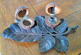 Antique Back Forest Germany Figural Wood Carved Hinged Double Inkwell Leaf & Nut