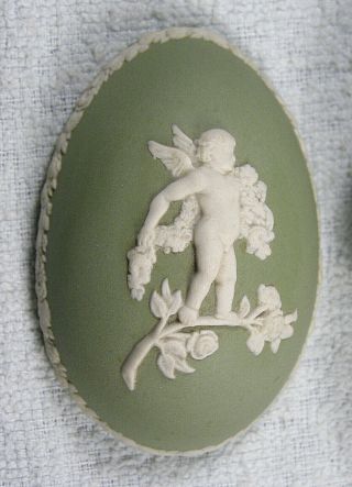 Vintage Wedgwood Green Jasper Ware Egg Trinket Box - Winged Cherub